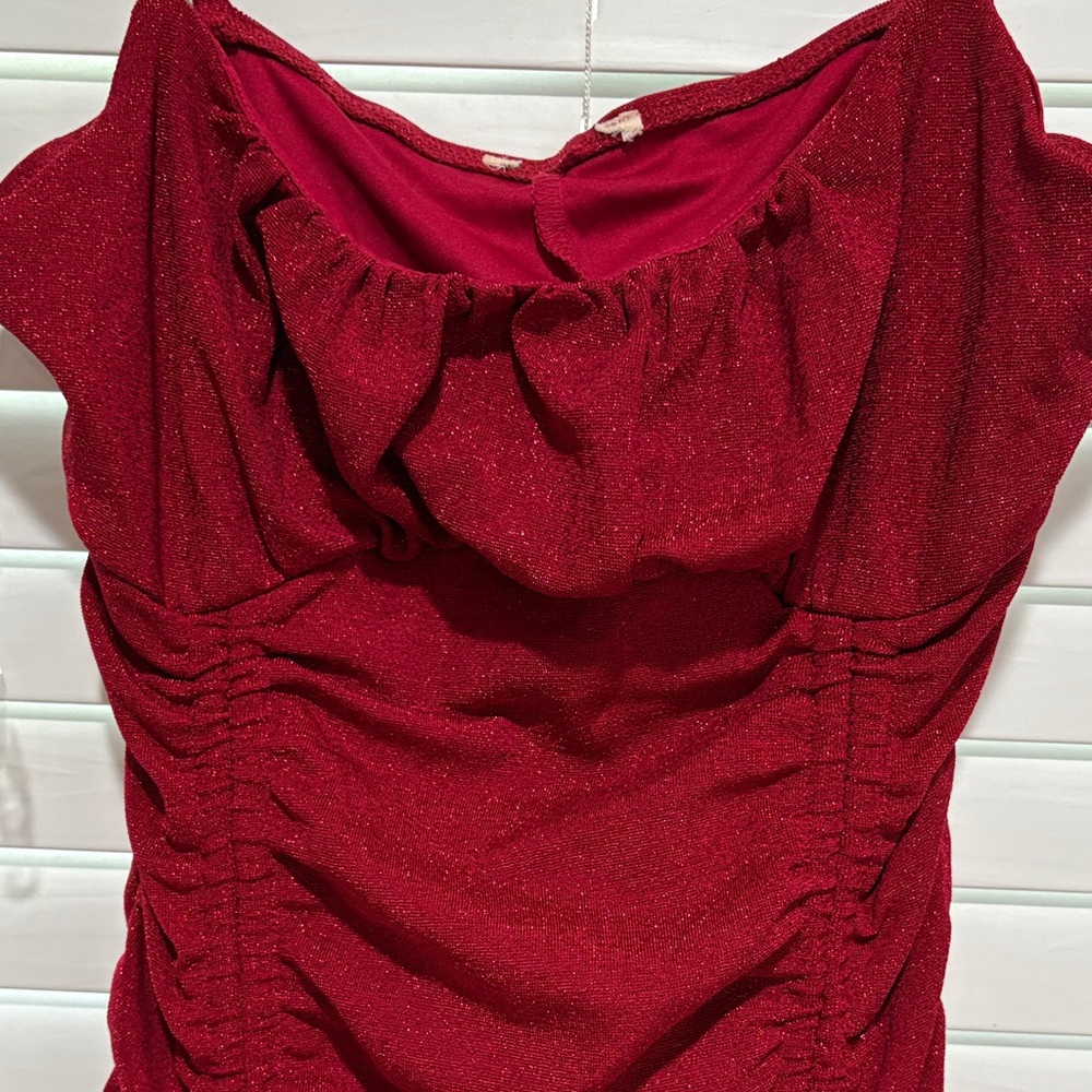 Red Ruched Sparkle Mini Dress - Picture 2 of 8